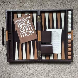 Vintage Backgammon Set Brown Ivory Chips 23x18” Folding Board manual 70s